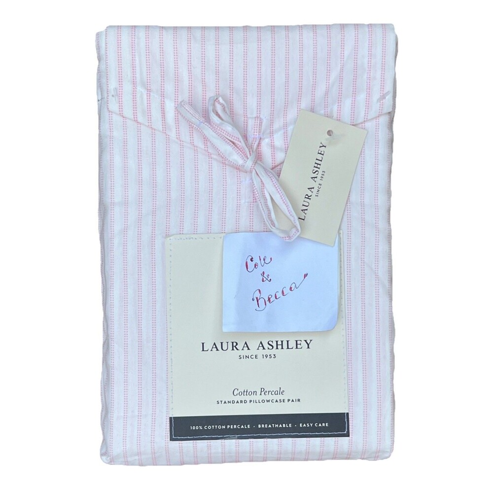 Laura Ashley Jaynie Ticking Stripe Pink PILLOWCASE Pair Cotton Percale Standard